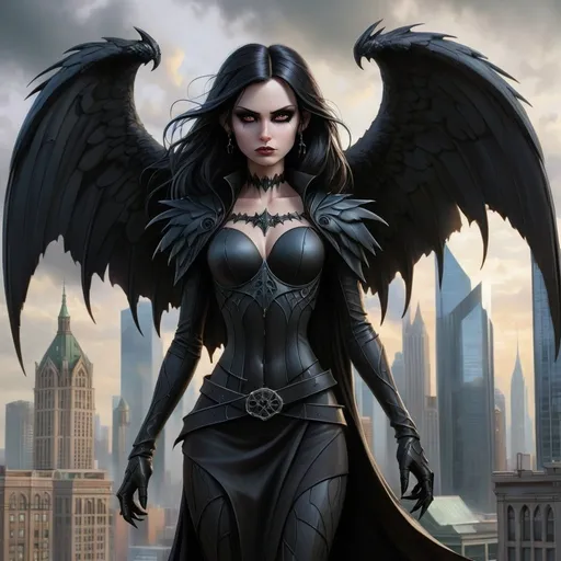 Prompt: a woman with large black wings standing in a city with skyscrapers and buildings in the background, with a city skyline in the background, Anne Stokes, gothic art, dark fantasy art, a detailed matte painting