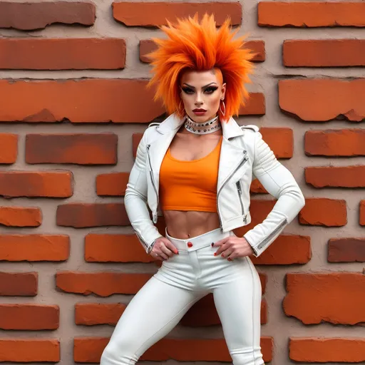 Prompt: 4k,hyperrealism , high resolution, professional, bright colors, modeling, gorgeous ultra-muscular 25-year-old Czechian drag queen bodybuilder leaning against brick pillar , she is modeling , burnt orange short spiky hair, opened white leather jacket, orange crop top shirt, white leather miniskirt, choker , unique modeling pose. No Cleavage. SFW.