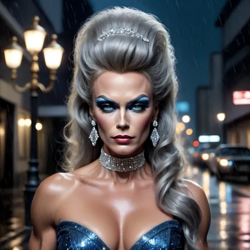 Prompt: Clint Eastwood dress as A hyper realistic flawless 25-year-old gorgeous Austrian drag queen bodybuilder with straight black shiny hair walking the streets as a classy debutante on a dark and rainy night. Heavy eye makeup. Dark red lipstick.