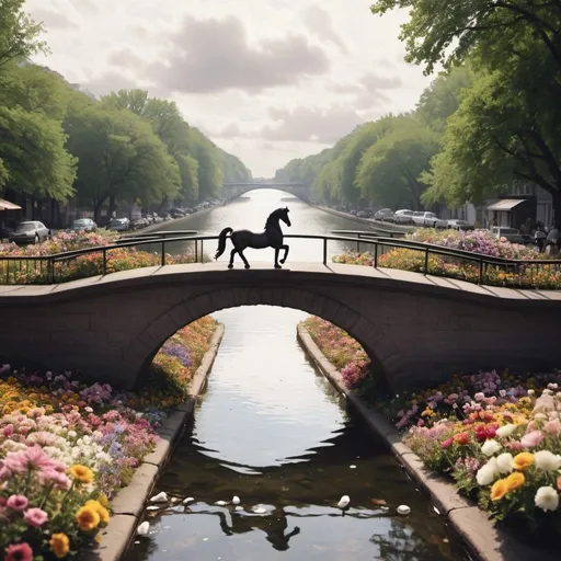 Prompt: Follow her down to a bridge by a fountain
Where rocking horse people eat marshmallow pies
Everyone smiles as you drift past the flowers
That grow so incredibly high
Newspaper taxis appear on the shore
Waiting to take you away
Climb in the back with your head in the clouds
And you're gone