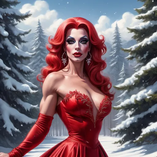 Prompt: a painting of a gorgeous muscular French drag queen in a red dress in the snow with trees in the background and a sky in the background, Artgerm, fantasy art, highly detailed digital painting, a photorealistic painting