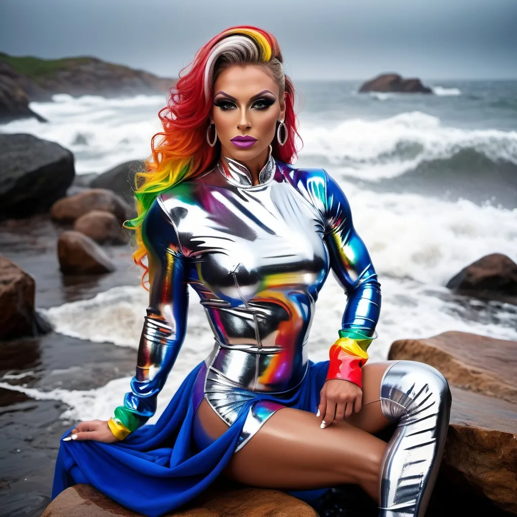 Prompt: photo of a gorgeous ultra-muscular 25-year-old Czechian drag queen bodybuilder, in soaking wet clothes, wet 8 inch stiletto silver high heel sandals, rain storm,  multi-colored ballgown, sitting on a rock by the sea,   enjoying, wet clothes stuck to body,  detailed textures of the wet clothes, wet face, wet plastered dark orange hair,  wet, drenched, professional, high-quality details, full body view