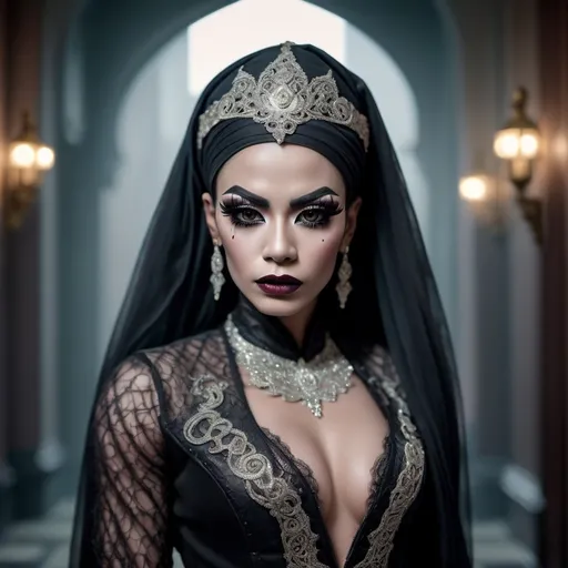 Prompt: hyper-detailed dull photo of a gorgeous muscular masculine 25-year-old Betawi drag queen (with strong jawline and chin), with dark eye makeup, dark lipstick, venetian lace jilbab, cropped jacket, foggy old hallway, art pose, medium format, epic character composition, sharp focus, intricate filigree details, cinematic lighting, volumetric fog, award-winning, masterpiece, 64K, professionally color graded