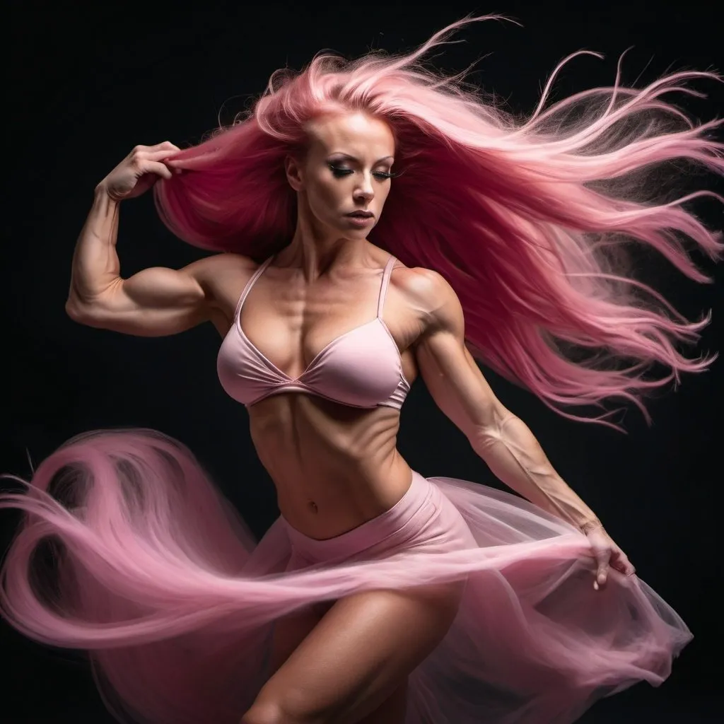 Prompt: Gorgeous ultra-muscular 25-year-old Finnish goddess bodybuilder Dancer with huge busom and ridiculously long flowing pink hair captured in motion, long exposure photography, Nikon D850 DSLR camera, f/4, ISO 200, high quality, long exposure, Nikon D850, DSLR camera, detailed movement, professional photography, artistic motion blur, dramatic lighting