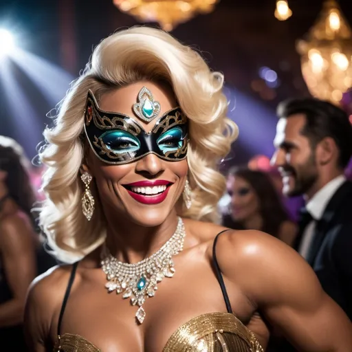 Prompt: A wide, soft focus, (((cowboy shot))) of a masked French champagne drag queen diva bodybuilder at a bohemian masquerade ball. Dramatic lighting and shadows. She is laughing heartedly, expressive body language.