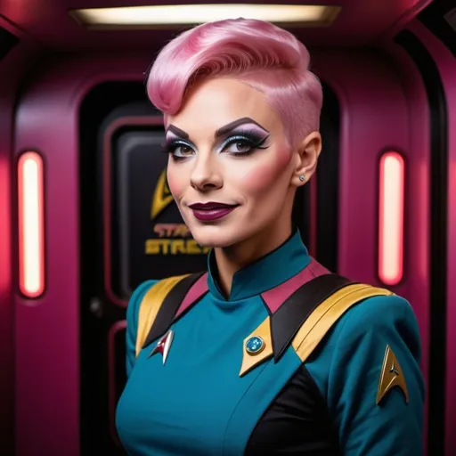 Prompt: Gorgeous ultra-muscular 25-year-old Czechian drag queen, Star Trek Uniform, harness:1.4, full lips, short swept over pink hair, heavy mascara, dark eyeshadow, dark red lipstick, Bridge Command Center Background, instagram pose, smiling, raw photo, sharp focus on eyes, film grain, magazine cover, high quality, clothing details, fine fabric, full body, art student, (official art, extremely detailed CG unity 8k wallpaper), beautifully detailed eyes, detailed fine nose, detailed fingers, (8k), (best quality), ( masterpiece:1.2), (realistic), ( photorealistic:1.57), extremely detailed handsome gentlebeing, couture, magazine cover, textless, high quality, clothing details, fine fabric, full body, 8k, cinematic lighting (high detailed skin:1.1) ,Enhance,Golden Inspiration