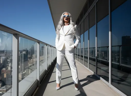 Prompt: full-body pose, 40-year-old British drag queen with long stylish silver hair, wearing a sleek white business suit and white choker, with sparkling white high heels, black lipstick, confidently standing on a balcony of a high-rise building, white mirrored sunglasses reflecting the bright cityscape below, under a clear blue sky, the sun casting dynamic shadows, creating a modern, powerful vibe, ultra-detailed, high-definition, capturing the essence of urban professionalism and ambition.