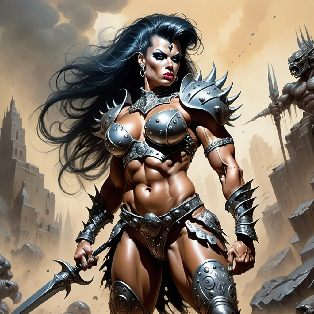 Prompt: A full-body shot of a strikingly beautiful muscular 35-year-old warrior drag queen bodybuilder, combining the dramatic, dynamic style of Frank Frazetta with the sensual, detailed artistry of Luis Royo. She stands in a powerful pose, her armor intricately designed with mythical motifs, blending ferocity and grace. The background is a chaotic battlefield bathed in otherworldly light, highlighting her commanding presence.