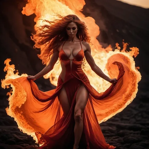 Prompt: very muscular dancing female, dancing on fire, silhouette, lava, long flowing fire gown, huge busom, long wavy fiery hair, long muscular legs, very muscular dancing female, mystical background, 