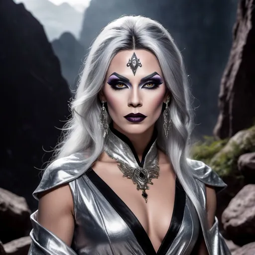 Prompt: (35-year-old gorgeous drag queen sorceress), striking black eyes, silver dark hair with silver streaks, (aura of power), good-looking features, masculine jawline and brow, dark eyeshadow, dark lipstick, wearing mystical robes, ancient runes glowing faintly, dramatic lighting casting shadows on his face, (mysterious ambiance), atop a rocky cliff with a stormy sky, wisps of magic swirling around him, ultra-detailed, cinematic atmosphere.