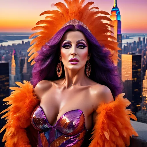 Prompt: Sylvester Stallone dressed as a 25-year-old gorgeous drag queen Cher posing on the ledge of a building, high above NYC.