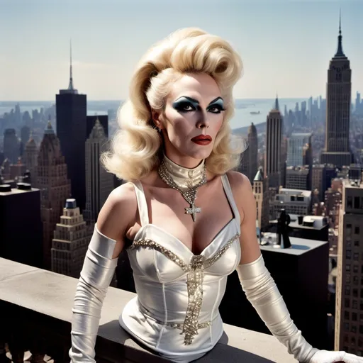 Prompt: Clint Eastwood dressed as a 25-year-old gorgeous drag queen Madonna posing on the ledge of a building, high above NYC.