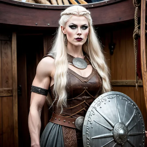 Prompt: A full length image of a Gorgeous muscular 25-year-old drag queen shield (with slight masculine jawline and brow facial features) maiden of the Viking Kingdom of Jorvik 875AD standing by A Viking Longship. She has long loose platinum blonde hair, dark eye make and dark lipstick..  She has a large busom. She is wearing traditional Viking female clothing of the period. She is wearing Viking face and body jewellery.