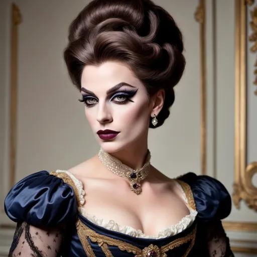 Prompt: A gorgeous muscular 25-year-old French drag queen (with large busom, dark eye makeup, dark lipstick, and strong masculine jawline and brow facial features) regency era noblewoman in aristocratic attire