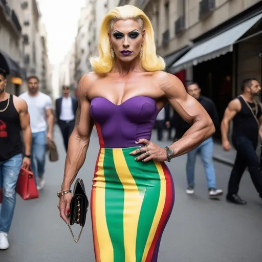 Prompt: Location: Random
Clothing: Random colorful Valentino outfits
Hair color: Random 
Hair length: Random

Gorgeous muscular 35-year-old French drag queen bodybuilder (strong masculine jawline and brow facial features), big busom, dark eye makeup, dark lipstick, 8 inch stiletto high heel shoes. 