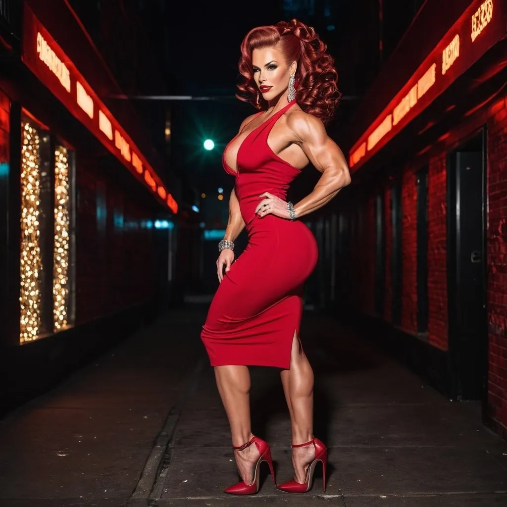 Prompt: Gorgeous ultra-muscular 25-year-old caucasian Norwegian goddess bodybuilder with huge busom and ridiculously long wavy dark red stylish updo hair,  wearing a stylish peekaboo dress, and 8 inch stiletto high heel shoes, posing at the alley of a nightclub at night.