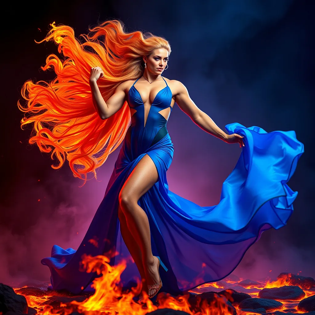 Prompt: Gorgeous ultra-muscular 25-year-old Swedish drag queen bodybuilder dancing on blue flame, silhouette, lava, long flowing blue flame gown, huge busom, long wavy fiery hair, long muscular legs, very muscular dancing female, mystical background, 