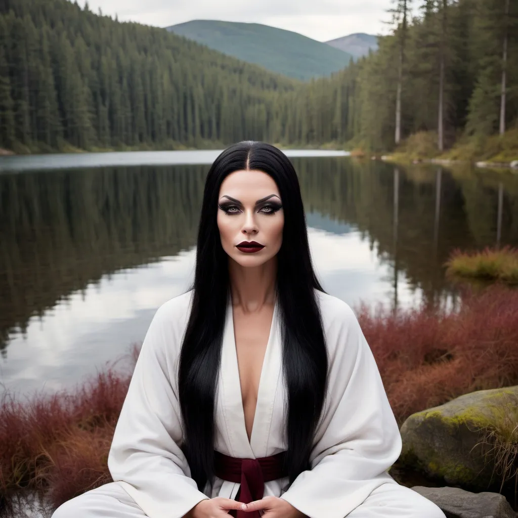 Prompt: Gorgeous ultra-muscular25-year-old Swedish drag queen with long straight shiny black hair, meditate, wisdom, Brown and white robes, laidback relaxed, dark heavy mascara, dark red lipstick. Meditating in a serene wilderness setting by a lake.