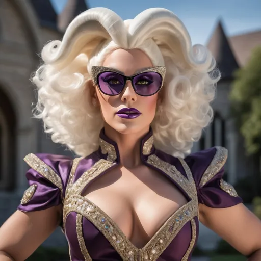 Prompt: Create a highly detailed AI defined image of a highly attractive 35-year-old (caucasian) drag queen college student (with very strong masculine jawline and brow features) in a fantasy uniform, big busom, wearing sunglasses, inspiring lustful uniform, classic makeup, at a unique fantasy school, 
wide landscape lense, ISO 500, Aperture f/22, APS-C, Splash art, dark fantasy art, stunning bokeh, cinematic lighting and scale, super detailed, 64k, high quality perfect lighting, perfect shadows.