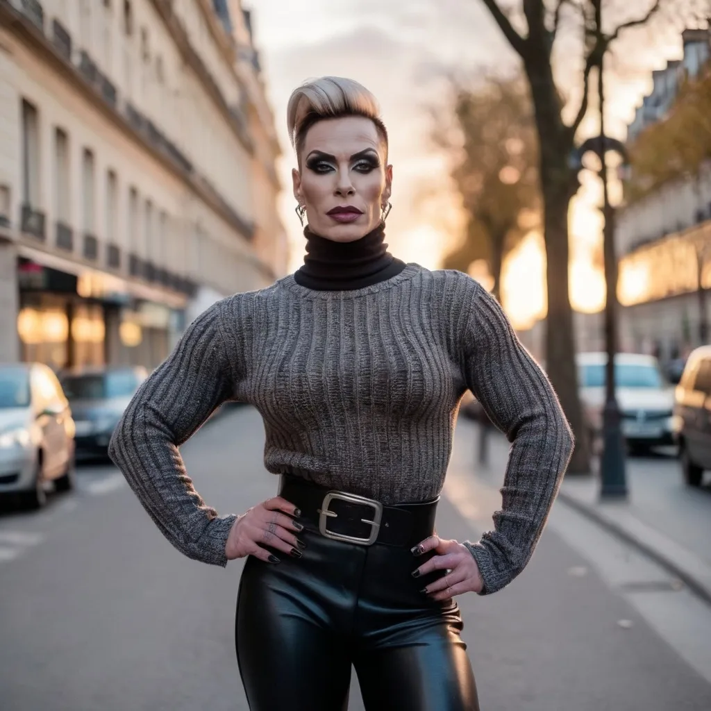 Prompt: Front view of an 35-year-old, muscular, gorgeous Finnish drag queen bodybuilder (very strong masculine jawline and brow features) wearing an oversized baggy sweater, corset, leggings and 8 inch stiletto high heel calf-high boots. Hanging out on the streets of paris at sunset..