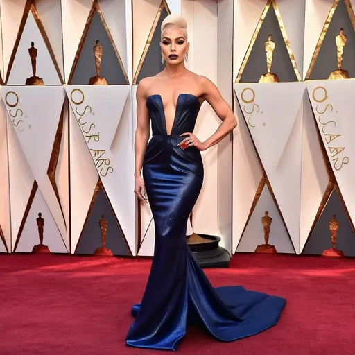 Prompt: Gorgeous thicc muscular 25-year-old Slovenian drag queen (very strong masculine jawline and brow features) with large busom wearing a beautiful stylish multi-fabric gown with long train, 8 inch stiletto high heel shoes.  Dark eyeshadow and dark lipstick. Walking the red carpet at the Oscars.