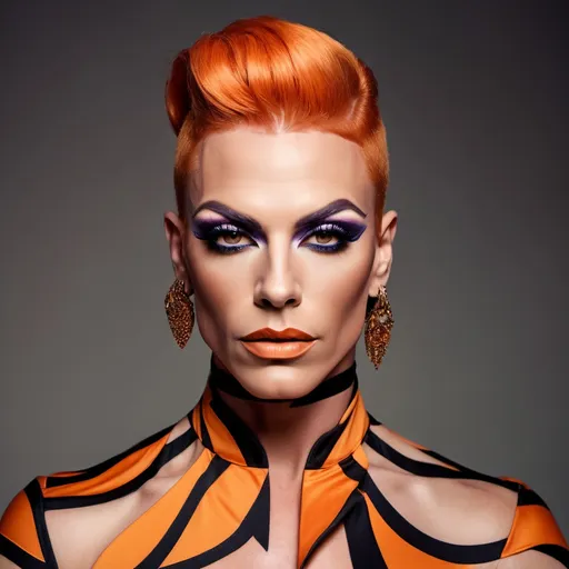 Prompt: Gorgeous muscular 35-year-old British drag queen (masculine jawline and brow features) with shoulder length stylish orange hair (Cavalli outfit), high fashion, (luxurious fabric), intricate detailing, dramatic silhouette, bold patterns, pastel colors, modern and stylish, runway-ready, beautifully styled, expressive poses, atmospheric lighting, artistic composition, edgy accessories, urban chic background, (trendy environment), cinematic aesthetic, ultra-detailed, high quality, shoulder length Brunette hair.