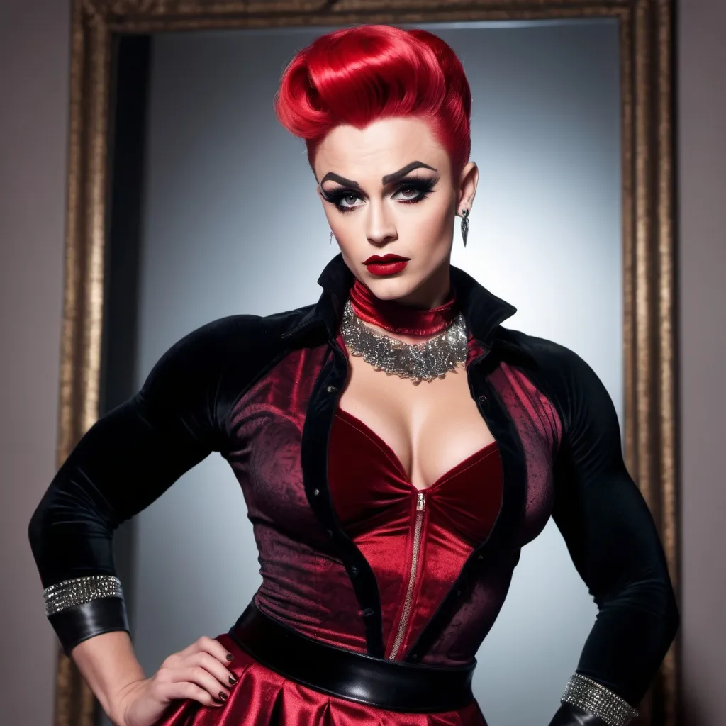 Prompt: Imagine a photo of James Dean dressed up as a gorgeous ultra-muscular 25-year-old Finnish drag queen bodybuilder, mirror behind her. wearing a red goth velvety blouse, and short pleated skirt and black tights. wearing a choker. Dark eye shadow, heavy mascara, dark red lipstick. very attractive. high detail realistic. full body shot, professional photo. Studio lighting, backlit, realistic lighting. hdr uhd 8k ultra-realistic render,  very high detail skin, beautiful face,