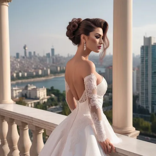 Prompt: Gorgeous muscular 25-year-old Turkish drag queen (masculine jawline and brow facial features) bodybuilder with huge busom and ridiculously long wavy pink updo hairstyle wearing an elegant white wedding dress, standing on the balcony of her luxurious mansion overlooking the city skyline. She has soft makeup. The gown features delicate lace detailing along its bodice and halter neckline, complemented by sheer sleeves that accentuate her figure's curves. Her pose is confident yet graceful as she gazes out at the horizon, embodying grace and elegance in timeless beauty in the style of a classic painting