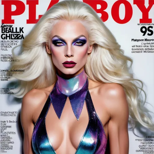 Prompt: (90s "Playboy" Magazine Cover), ethereal and whimsical, (vibrant color scheme), high-fashion editorial style, gorgeous muscular 35-year-old French drag queen model (masculine facial features) with long sassy platinum blonde hair, striking Hazel eyes, dark smoky eyeshadow, enchanting expression, pretty lips, dark lipstick, luxurious glittery details, full-length aesthetic, ultra-detailed, sparkly, glossy finish, captivating photography with dramatic lighting, alluring atmosphere, cosmopolitan elegance, celebrity fashion icon, stylish and classy presentation. Composition focus on full-body. 