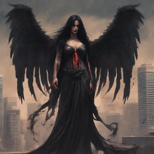 Prompt: Gorgeous, muscular, female, angel of death wearing dark and bloody robes. Ridiculously large wings. Ridiculously long flowing black hair. Flying over the streets of Los Angeles during Armageddon. 