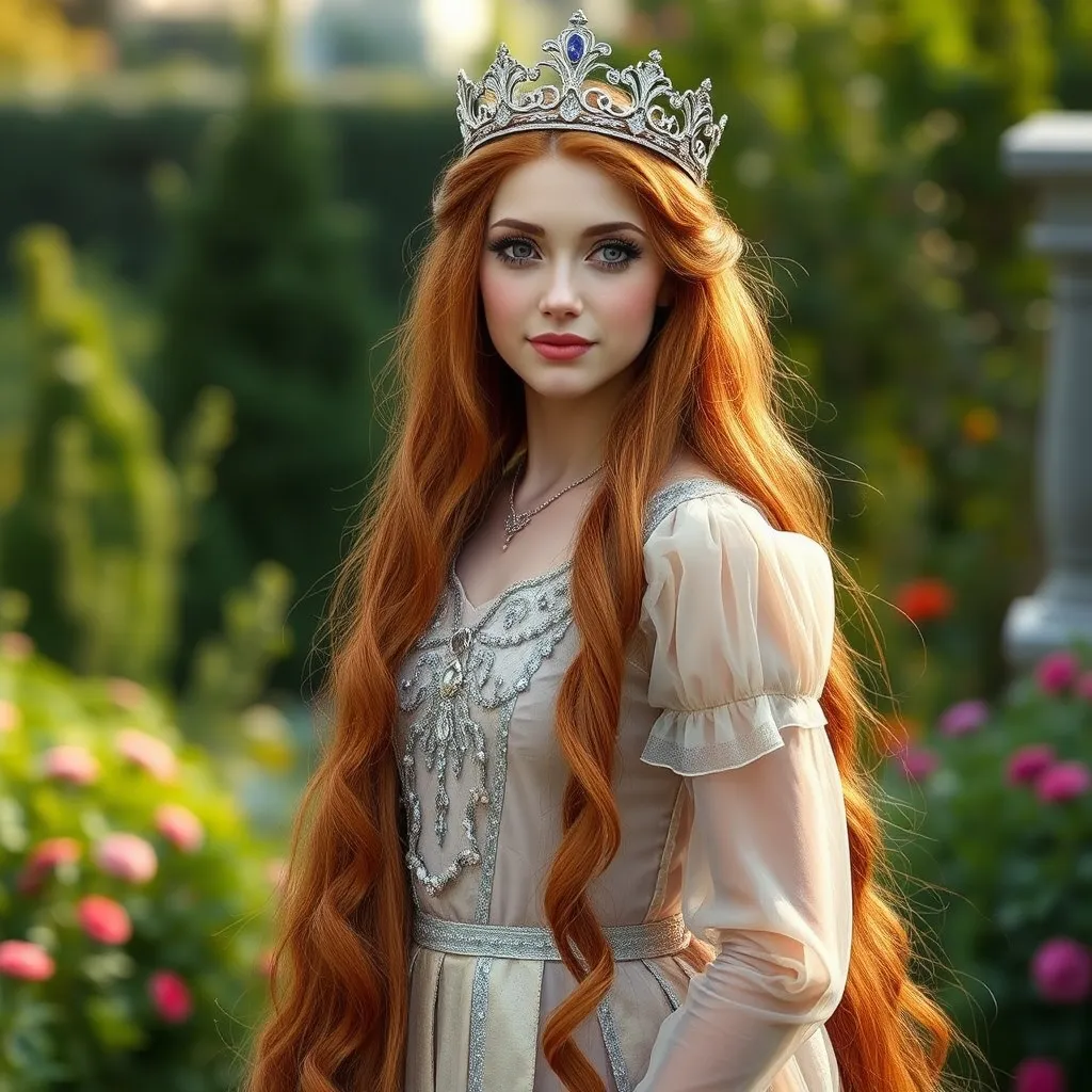 Prompt: a realistic feminine elegant drag queen princess Rapunzel, long dark orange hair, ornate Silver crown , translucent dress, garden background, full length view HD