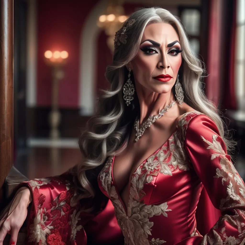 Prompt: A gorgeous muscular 45-year-old Bulgarian drag queen (strong masculine jawline and brow features) with long luscious graying hair wearing (breathtaking red oriental dress), (exquisite bride), radiant beauty, exquisite lace and satin details, flowing train adorned with delicate embroidery, beautiful soft natural lighting, romantic ambiance, lush blossom background, high-resolution, ultra-detailed, elegant and dreamy atmosphere, showcasing the perfect harmony of love and elegance, whimsical setting filled with soft pastel colors.