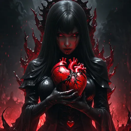 Prompt: From the depths of hell rises a female figure in black with a bloody human heart in her hand. 