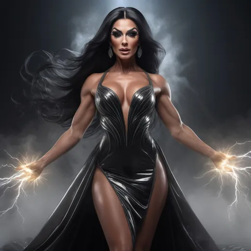 Prompt: Splash art, swirling magical lights, dense fog, create an intricately detailed, full body, ultra realistic, 3D Rendered image. Focused on an enticing, alluring, highly detailed, Gorgeous muscular 35-year-old caucasian Turkish drag queen bodybuilder with ridiculously long straight shiny black hair, wearing a gown of lightning, caucasian, super exotic, goddess. {Casting a magic lightning bolt in an epic depiction of battling the green orcs in a fantasy tower}, using a legendary fantasy weapon. In a dystopian city destroyed by war background. 8k resolution, photo realistic, highly exotic, ultimate fantasy, digital concept art, perfect cinematic lighting, perfect shading.