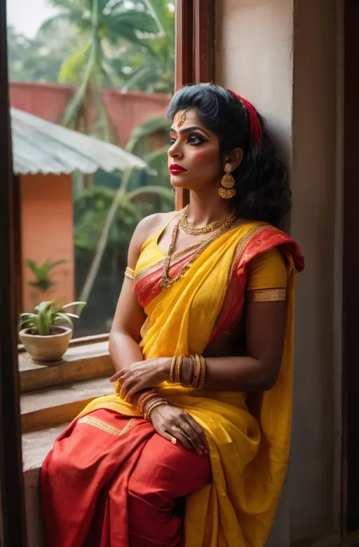 Prompt: a drag queen in a red and yellow sari sitting on a window sill looking out the window of a house, Ella Guru, samikshavad, jayison devadas, a photorealistic painting