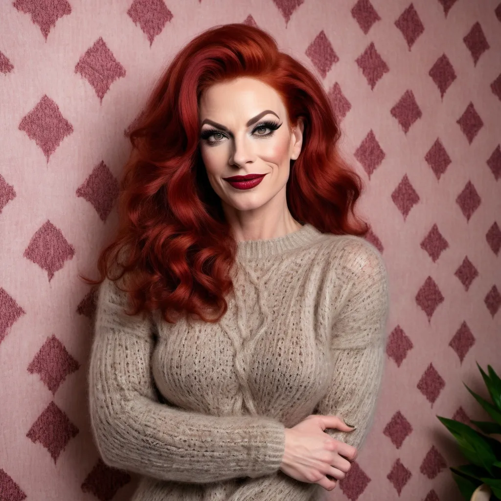 Prompt: Gorgeous muscular 35-year-old red-headed French drag queen in a modern home, against a wall with wallpaper and furniture background
wearing long cable knitted angora mohair sweater , (extremely fluffy:1.8) angora mohair sweater, from side, looking at viewer, smile, (full lips:1.8), dark red lipstick, daek eyeliner, dark makeup, 8k, very detailed, green eyes, very detailed eyes,
source_real, raw, photo, amateur, french drag queen, Close-Set Eyes, [eyecolors violet], full lips, high cheekbones, weak receding chin, burgundy, lob, light blue, lip gloss, __15JeweleryMaterials__ __14Piercing__, large busom,  gorgerous, outdoor, portrait, , highly detailed, detailed skin, depth of field, film grain
(photorealistic) (bokeh) (intricate details) (cinematic lighting) (sharp focus)
