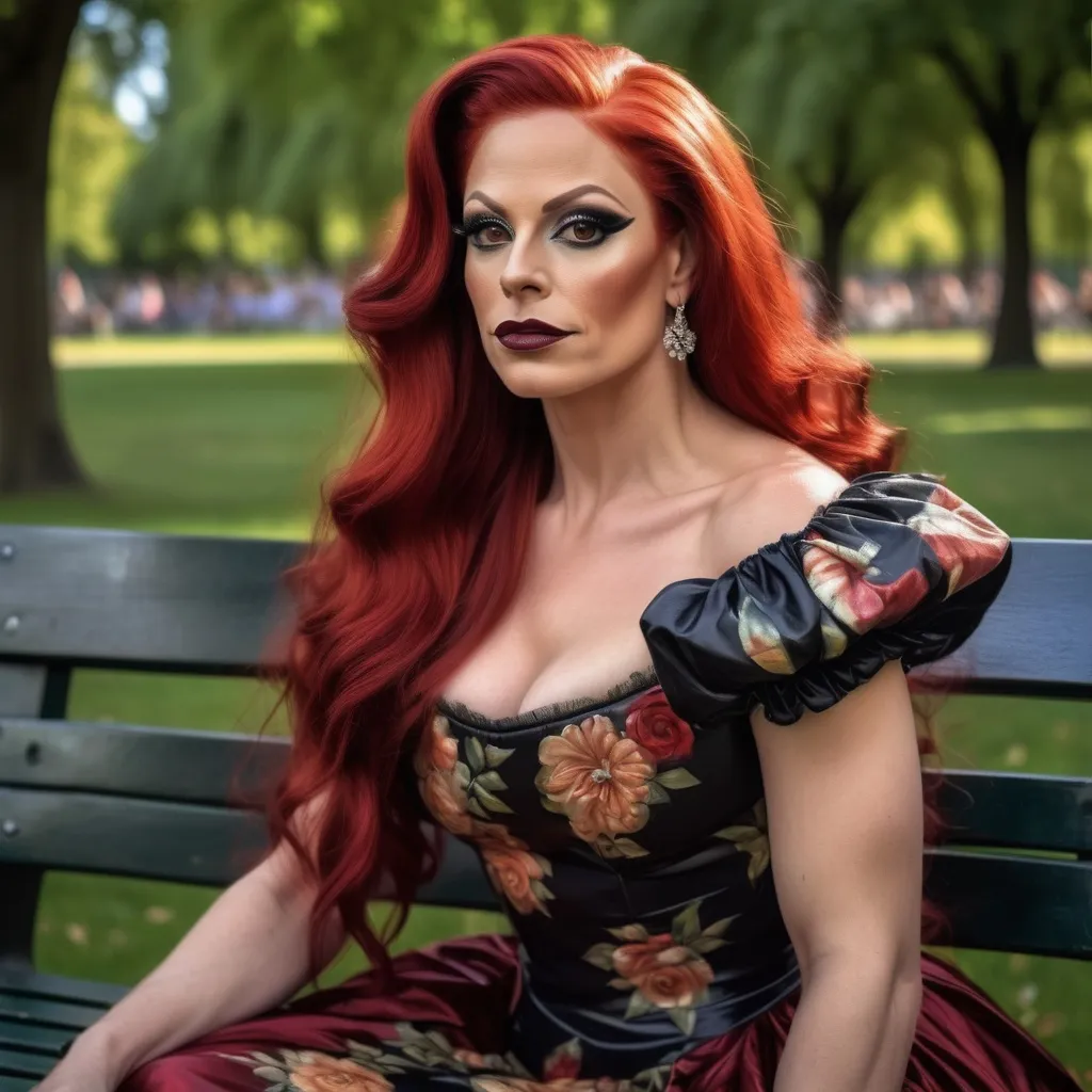 Prompt: Painting of a gorgeous muscular 35-year-old Swedish drag queen with dark eyeshadow,  dark red lipstick, and long red hair, sitting on a bench in a park wearing a dress with flowers, renaissance oil painting, a painting