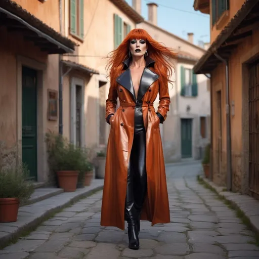 Prompt: High resolution 32k hyper realistic photograph of a gorgeous muscular 35-year-old French drag queen with dark eyeshadow, dark lipstick, and long orange stylish bangs hairstyle, wearing a long draping leather trenchcoat with beautiful shiny patina with large lapels in tall leather boots , walking in an Italian village , full body shot, 8k, sharp focus, hyperrealism, 32k resolution , emitting diodes, beautiful, see the camera, Chiaroscuro , detailed octane render 8k, trending on artstation
