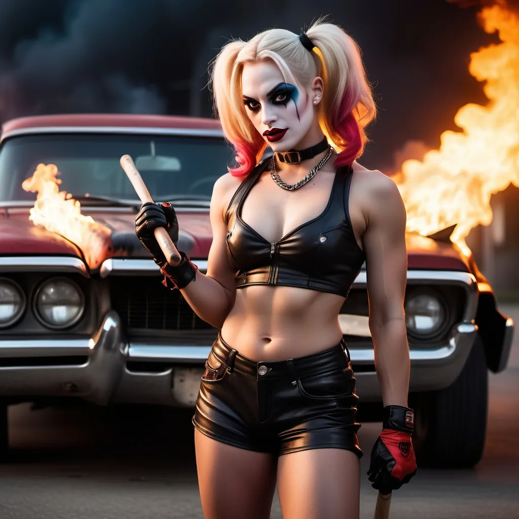 Prompt: Gorgeous ultra-muscular 25-year-old Russian drag queen harley quinn, holding a baseball bat,  tiny leather shorts, spikes, burning car in background, professional, atmospheric lighting, action pose, intense action