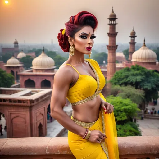 Prompt: Gorgeous ultra-muscular 25-year-old Pakistani drag queen bodybuilder with short dark red updo hairstyle wearing a Yellow saree with hot bose and 8 inch stiletto high heel shoes. Posing at The Walled City of Lahore.