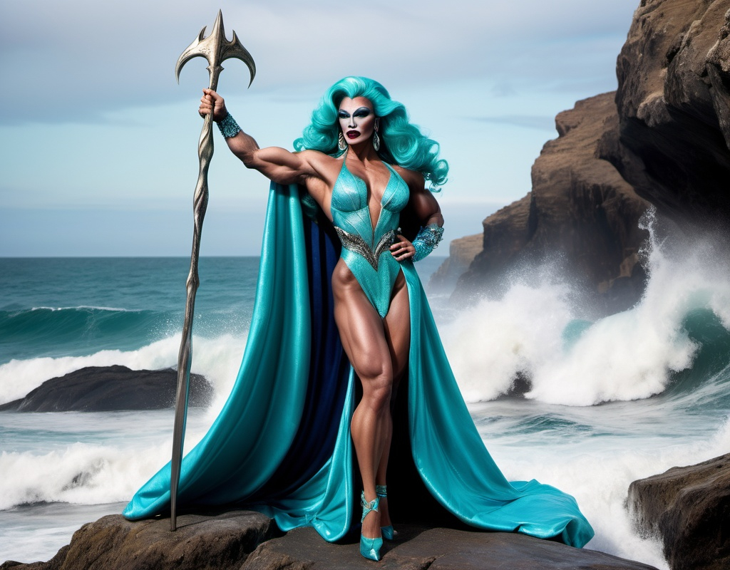 Prompt: If Poseidon was a gorgeous hyper-muscular 25-year-old drag queen bodybuilder wearing long scaly aqua-blue robes with Dark eye makeup and dark lipstick. Wearing 8 inch stiletto high heel shoes. Standing on a rock by the ocean holding a trident.