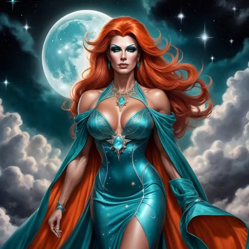 Prompt: The Queen Of Time And Space, a gorgeous muscular drag queen (with strong masculine facial features), Dark orange hair and big busom, in a Teal dress standing in a field of clouds and stars with a full moon behind her, Anne Stokes, fantasy art, epic fantasy character art, concept art