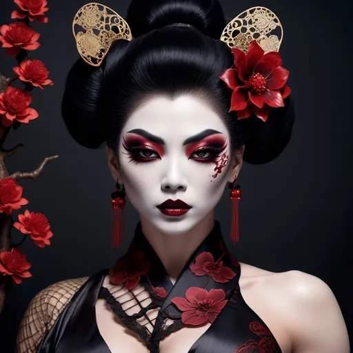 Prompt: (Gorgeous, muscular, goth,  geisha, drag queen bodybuilder), intricate dark makeup, traditional kimono with dark floral patterns, incredible detailing on clothes, perfect make-up, sharp fangs over blood red lips.  contrasting with lace elements, haunting ambiance, shadows reflecting cold moonlight, mysterious surgical precision in fabric details, mystical aura exuding sensuality, lush dark red and black tones, (ultra-detailed), (4K), dark, terrifying yet enchanting and chilling atmosphere in a Japanese grave yard, courtly surroundings filled with ethereal allure.