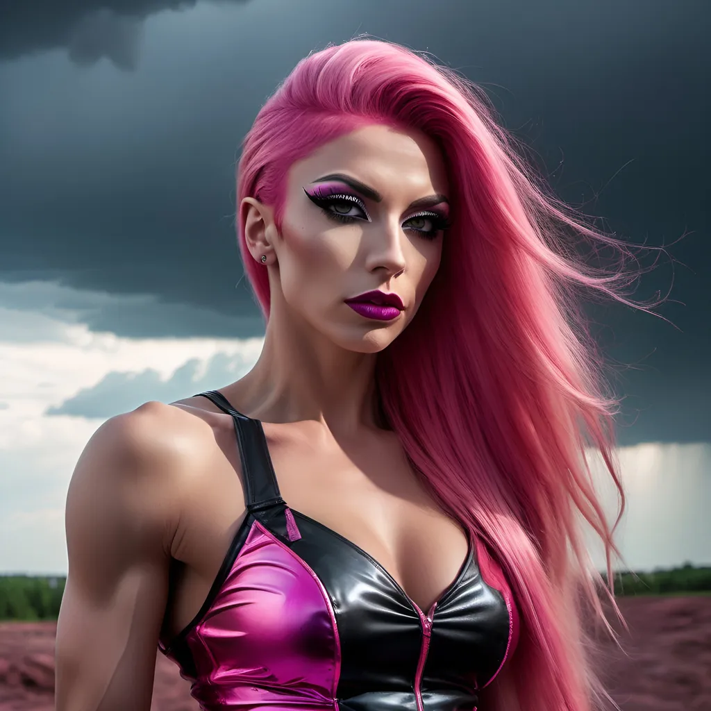 Prompt: Gorgeous ultra-muscular 25-year-old Serbian drag queen bodybuilder with ridiculously long straight shiny pink hair (blowing  in  the  wind) in colorful neon pink and black miniskirt, snmokey eye shadow, dark mascara, dark red lipstick, highly detailed face, UHD, volumetric lighting, standing on a bluff, distant storm approaching Moscow, futuristic fashion, elegant pose, cityscape, urban, intense gaze, highres, ultra-detailed, glamorous, fashion, atmospheric lighting, modern