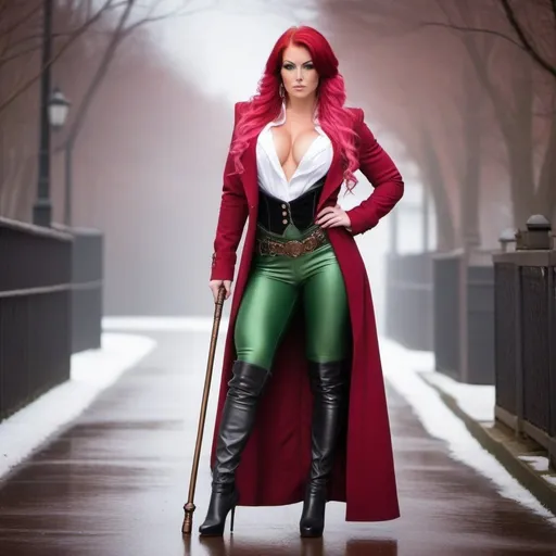 Prompt: A gorgeous ultra-muscular 25-year-old Finnish goddess bodybuilder with huge busom wearing a long black coat, with a bronze waistcoat and a white shirt, unbuttoned at the top . She's wearing a slightly crumpled top hat and has ridiculously long pink hair. She carries a walking cane with a red crystal on its round handle. She has green eyes. In the style of gothic & steam punk. She is about 25 years old. wearing a heavy, red coat, bronze pants, and 8 inch high heel shoes. Composition focus on legs and full-body. 