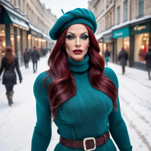 Prompt: (photorealistic) glamour shot of a (gorgeous muscular 35-year-old French drag queen fashion model), walking gracefully on a snow-covered high street, adorned for winter holidays. She has (long dark red tresses), (gorgeous yet masculine facial features), (large busom), wearing a white beret, (teal cable knit sweater, long belted suede skirt with fringe trim), fur trimmed boots, tartan wool scarf, white gloves, carrying a stylish leather purse, (bright engaging smile showing her perfect teeth), sparkling festive lights twinkling in the blurred background, (vibrant colorful scene) evoking (sophisticated elegance), (high detail & quality), (8k), (professional photography), warm and cheerful ambiance, warm professional floodlighting showcasing the vibrant colors of her stylish fashionable outfit.