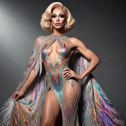 Prompt: image of a (muscular body) gorgeous 25-year-old Czechian drag queen wearing a flamboyant, yet conservative Bob Mackie designer Gown, hyper-realistic quality, ultra-detailed 4K imagery.