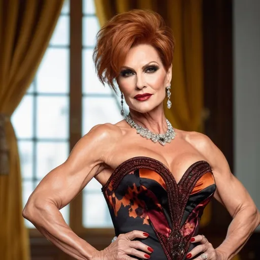 Prompt: Gorgeous muscular 55-year-old Hungarian drag queen bodybuilder with big busom, 
dark red matte lipstick, and short burnt orange hair, wearing a Roberto Cavalli dress, (luxurious designer fashion), stunning animal prints, exquisite embroidery details, showcase of intricate textures, flowing silhouette, elegant evening atmosphere, vibrant colors, dramatic lighting, (high fashion editorial style), ornate background with soft-focus elements, (4K ultra-detailed) craftsmanship, combining glamour and sophistication, perfect for a high-end photoshoot setting.