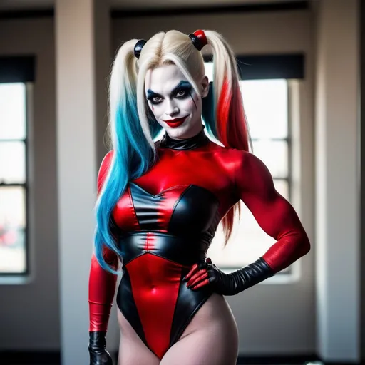 Prompt: If Harley Quinn was a gorgeous supermodel drag queen (full length photo) with long muscular legs and a very muscular physique