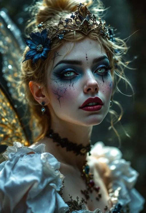 Prompt: Grunge medieval Tinkerbell drag queen (strong drag queen facial features), impasto, old picture effect, whimsical, highres, detailed, medieval, impasto, old picture effect, grunge, Snow White, fairy tale, dark tones, atmospheric lighting